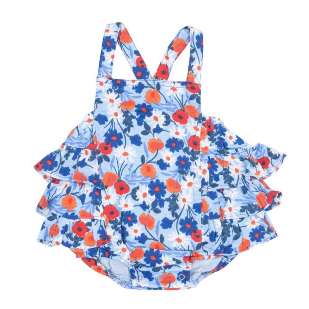 blue sunsuit with blue, white, and red flowers. 