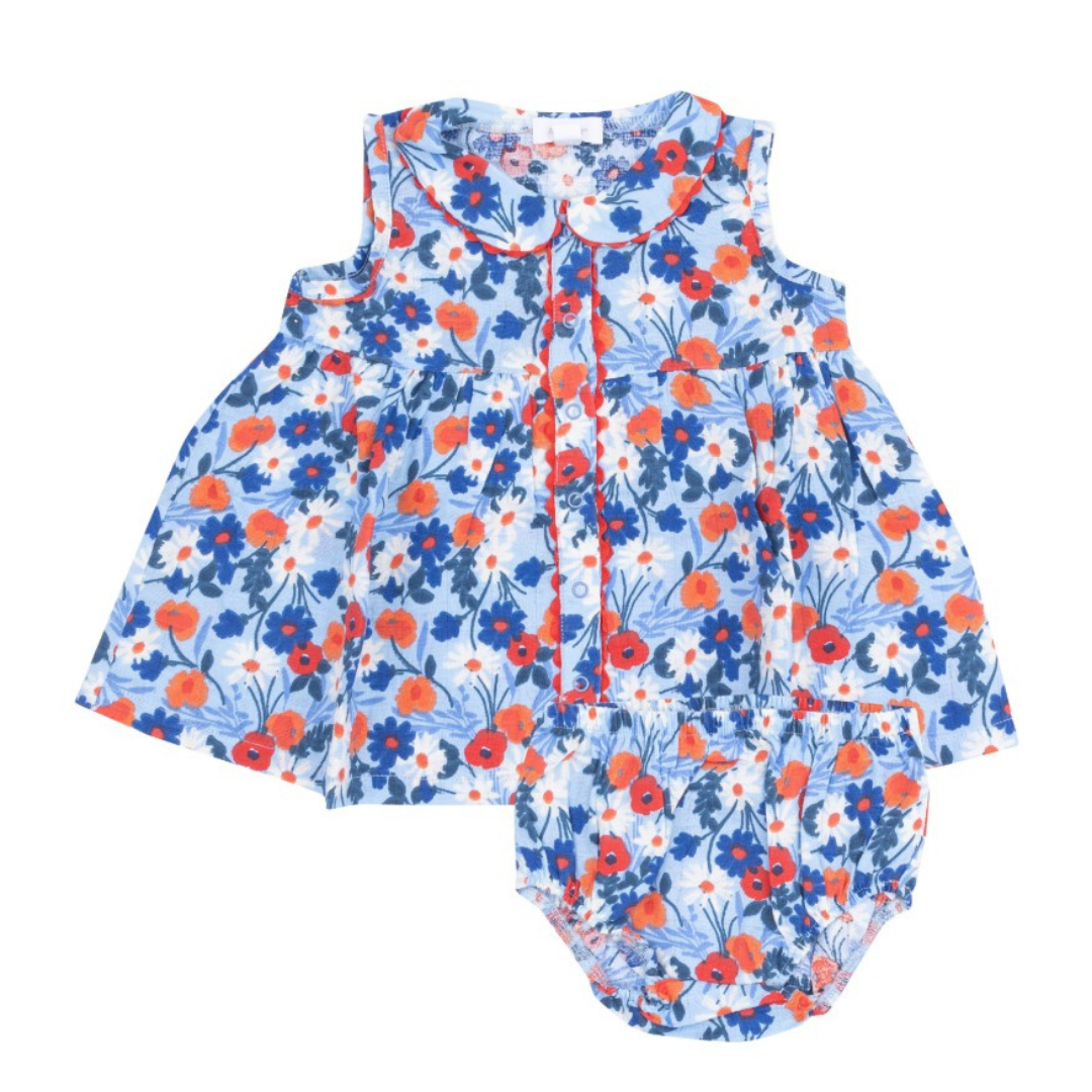 blue dress with red and white flowers, a rounded collar, and buttons down the middle. has matching bloomers. 
