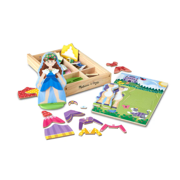 Wooden magnetic princess dress-up toy set with standing doll, mix-and-match outfits, play scene board, and storage tray.