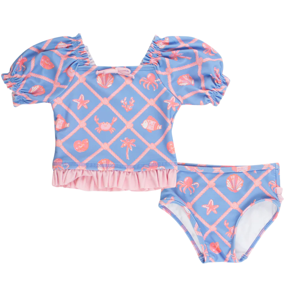 Girls’ pink and blue puff-sleeve sea-themed 2-piece swimsuit with ruffle hem top and matching bikini bottoms.