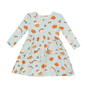 blue twirl dress with pumpkin spice lattes, pumpkins, and other fall food