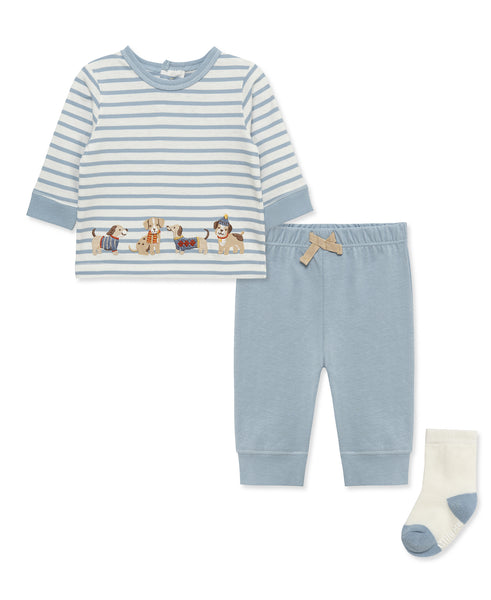baby boy outfit puppy embroidery striped shirt blue jogger pants matching socks set