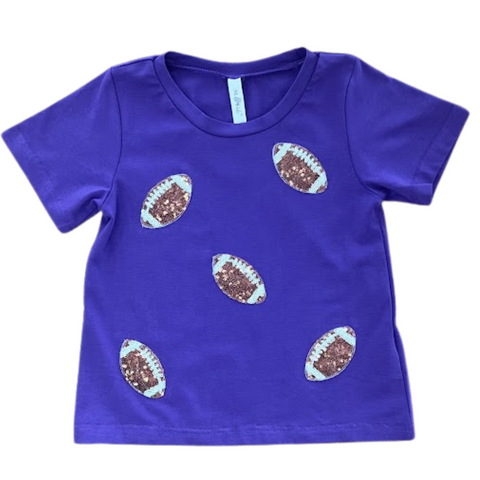 purple short sleeve tee with brown sequin footballs  on the front