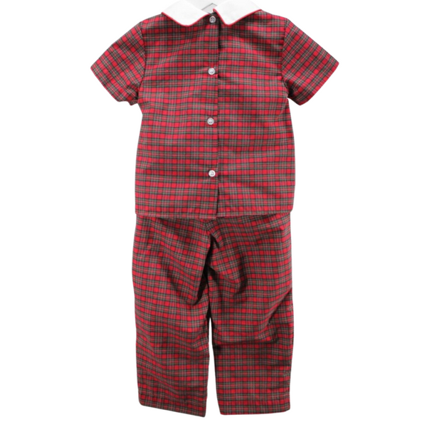 Back view of red plaid holiday outfit for boys with white collar and button-down shirt closure