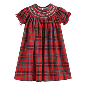 Red Christmas Plaid Smocked Bishop Dress