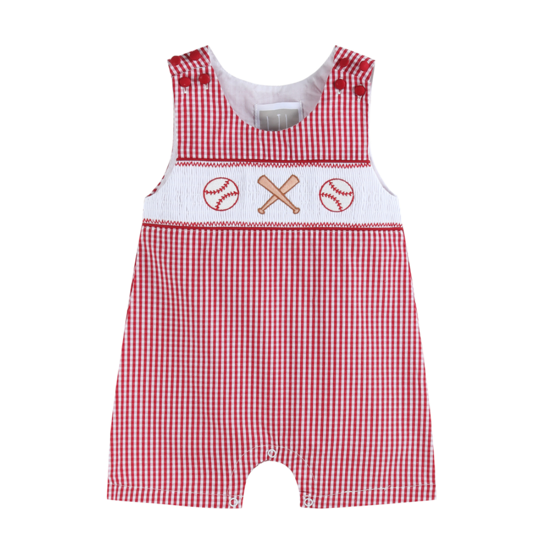 Red Gingham Baseball Smocked Shortall