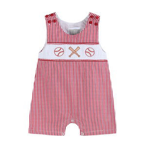 Red Gingham Baseball Smocked Shortall