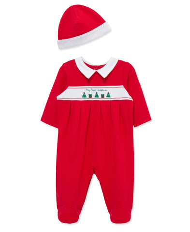 red footie with trees and presents stitched on the front with a matching hat