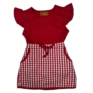red shirt with ruffle sleeves and a matching red gingham skort with pockets and a faux bow tie.