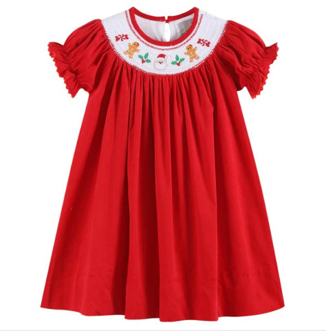 Red Corduroy Christmas Smocked Bishop Dress