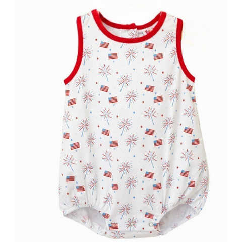 boy sleeveless bubble with flag and sparkler print on white background trimmed in red at arms and neck.