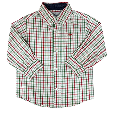 Red and Green Plaid button down boys shirt with button down collar and long sleeves