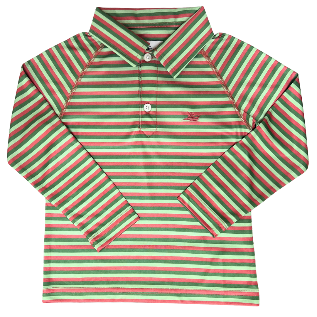 long sleeve red with two shades of green stripe  collared polo made of performance fabric