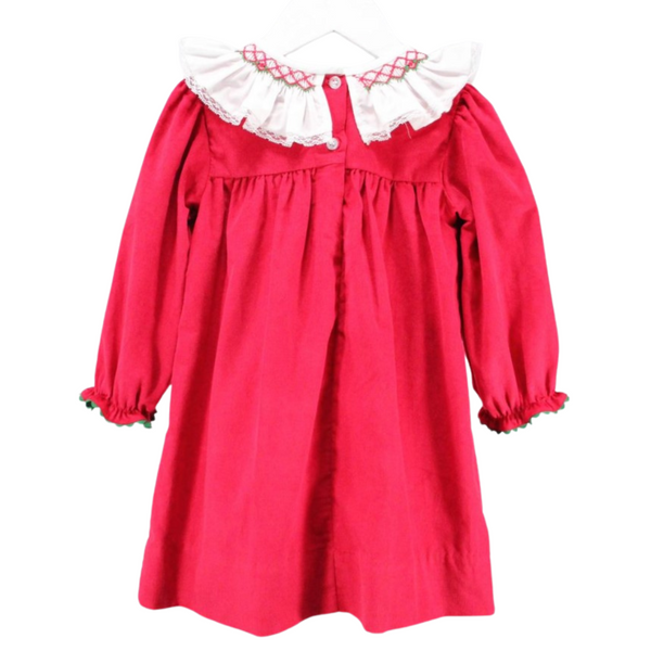 Back of the red holiday dress with ruffled collar and two buttons at the top