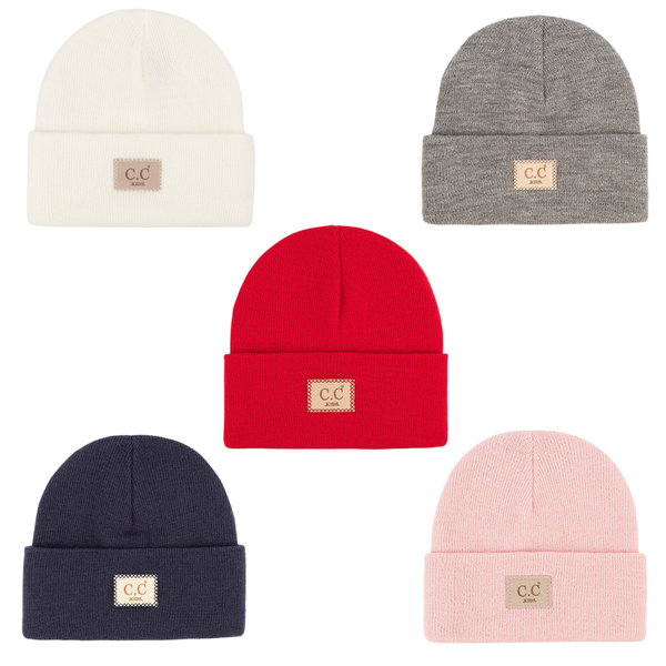 Five beanies in different colors with a brand label on a white background
