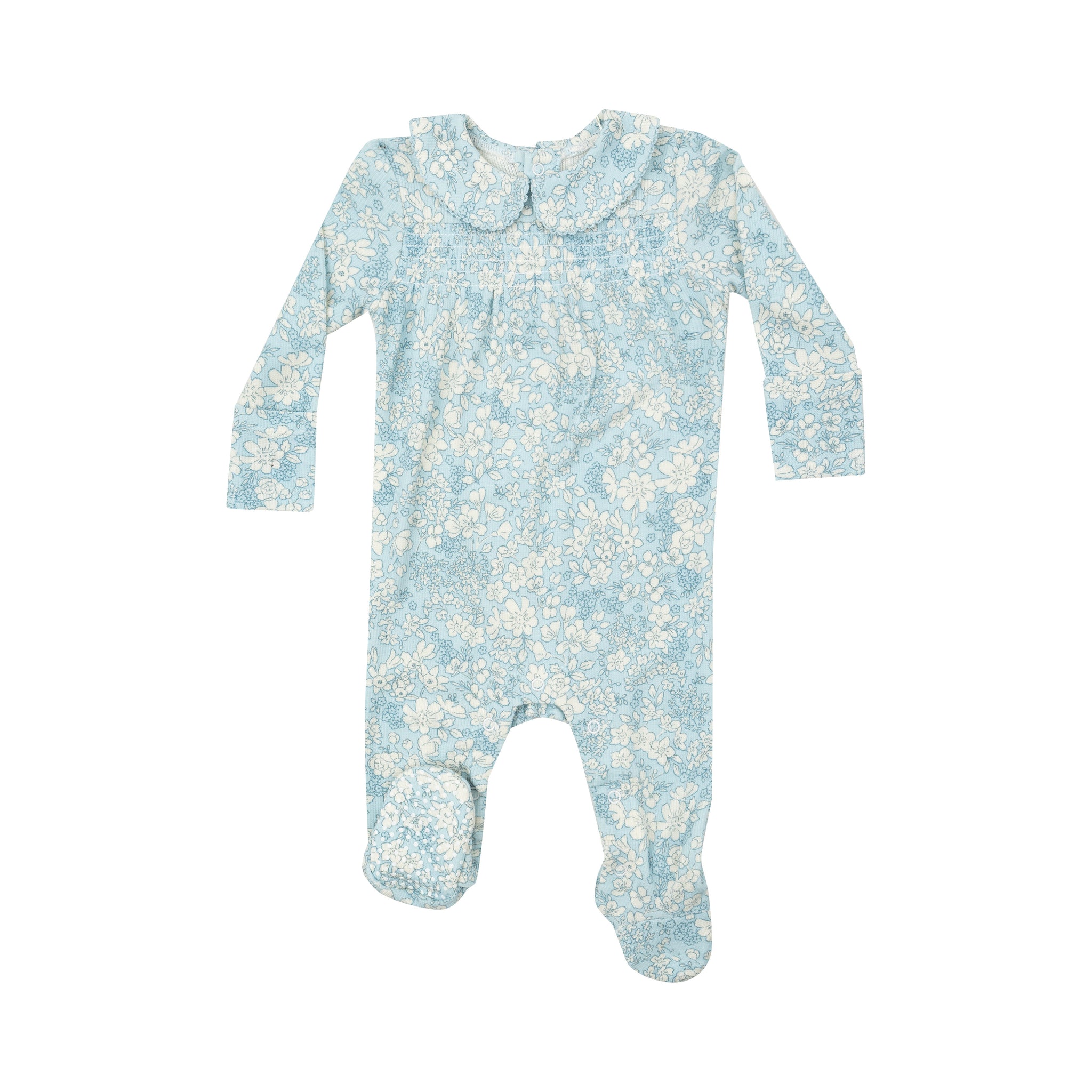 Blue floral ribbed smocked peter pan collar footie