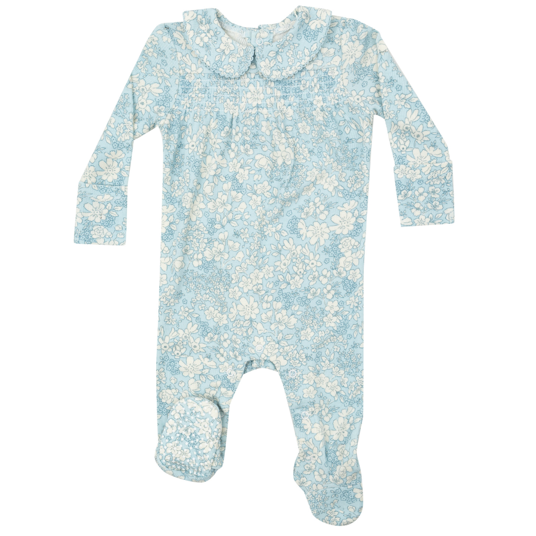 Blue floral ribbed smocked peter pan collar footie