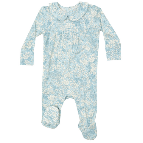 Blue floral ribbed smocked peter pan collar footie