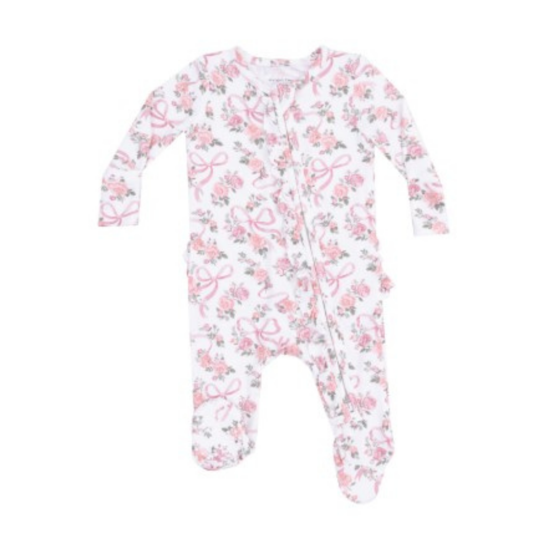 white footie with pink flowers and bows print. 