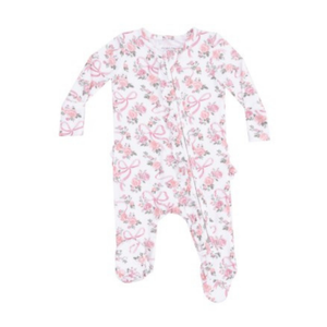 white footie with pink flowers and bows print. 