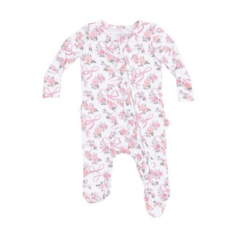 white footie with pink flowers and bows print. 