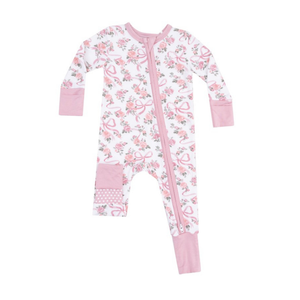 white coverall with pink roses and pink bows. 