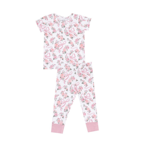 pink roses and bows print on the pajama set