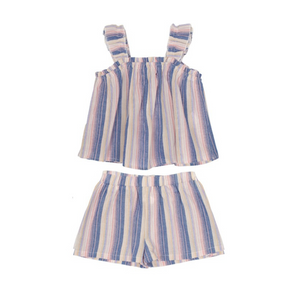 pink, white, and blue vertical striped two piece daywear set