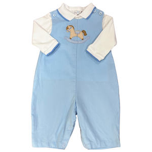 Light blue baby cord romper with a vintage rocking horse applique on the front.  A separate long sleeve knit collared shirt trimmed in a coordinating blue is included. 