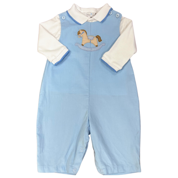 Light blue baby cord romper with a vintage rocking horse applique on the front.  A separate long sleeve knit collared shirt trimmed in a coordinating blue is included. 