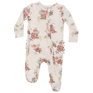 Pink  two way zipper ruffle back footie with pink roses