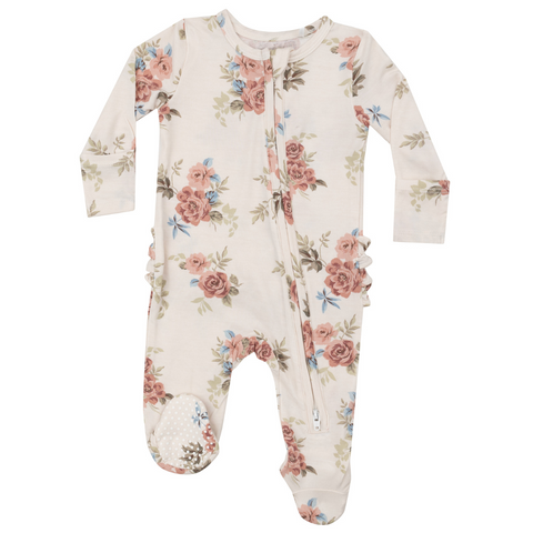 Pink  two way zipper ruffle back footie with pink roses