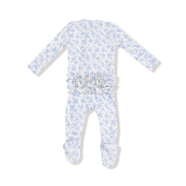 Back view of the same footie featuring layered ruffles across the bottom and gripped footies