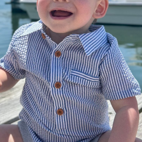 Blue and White Seersucker Helford Woven Onesie