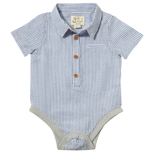 royal blue and white seersucker onesie, 4 button front with collar, soft grey knit leg opening with snaps for easy diaper changes