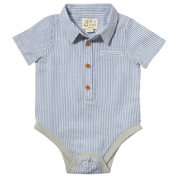 royal blue and white seersucker onesie, 4 button front with collar, soft grey knit leg opening with snaps for easy diaper changes