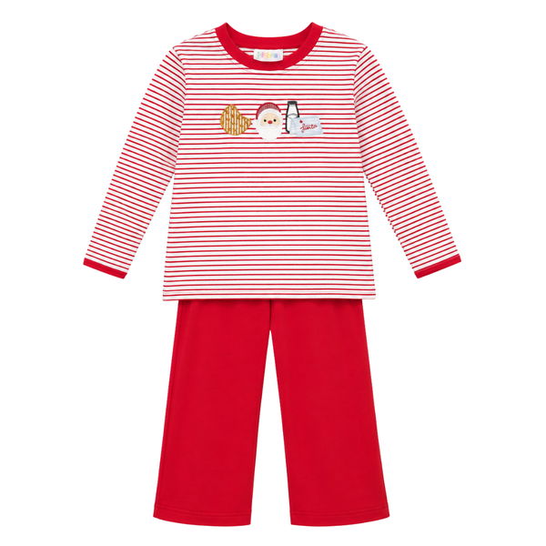Boys red and white striped long sleeve Christmas pant set featuring embroidered Santa, cookie, and milk design with solid red knit pants.