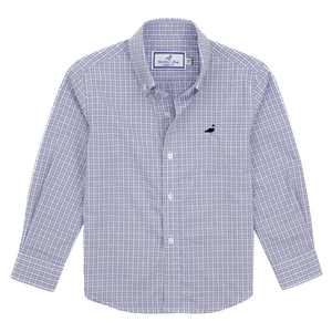 Boys’ long sleeve button-down shirt in blue and lavender plaid with embroidered black duck logo on the chest

