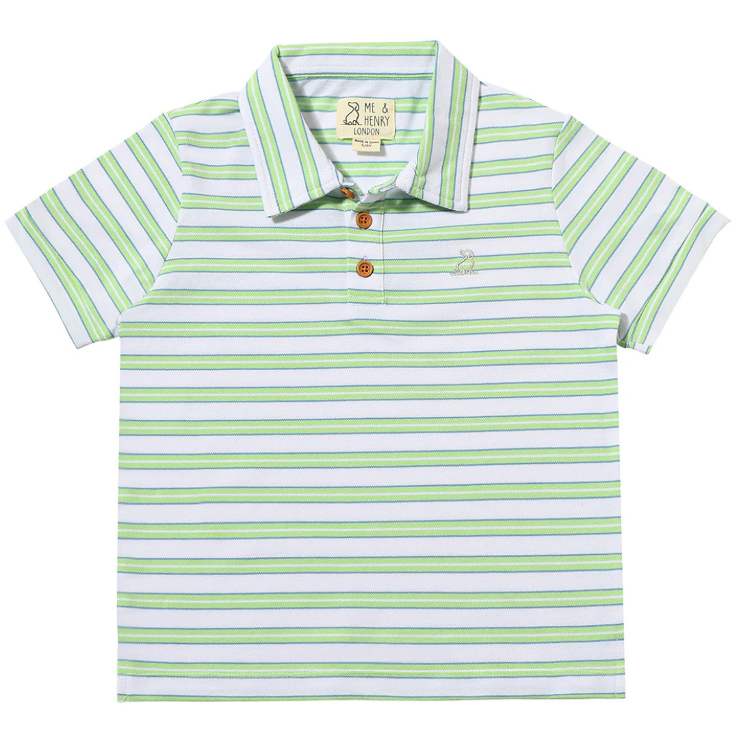 three button front collared polo in a white with wide stripes of lime and blue