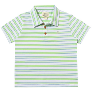 three button front collared polo in a white with wide stripes of lime and blue