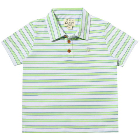 three button front collared polo in a white with wide stripes of lime and blue