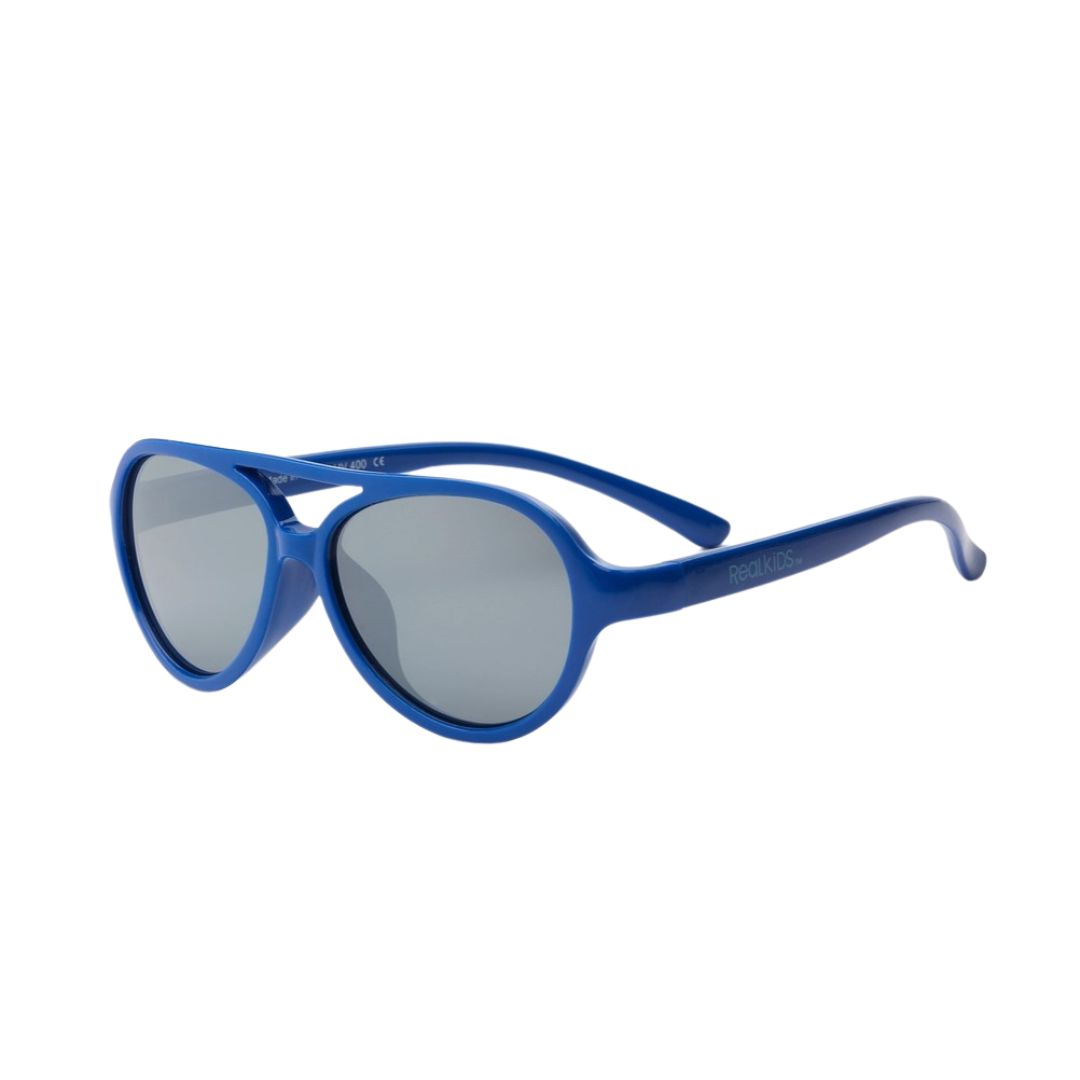 Royal blue aviator-style toddler sunglasses with flexible frame and silver mirror polycarbonate lenses for ages 2 and up.

