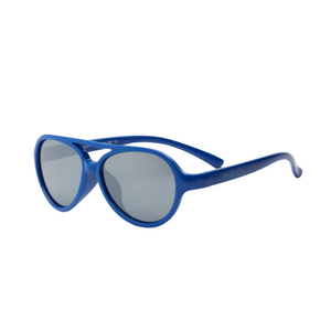 Royal blue aviator-style toddler sunglasses with flexible frame and silver mirror polycarbonate lenses for ages 2 and up.


