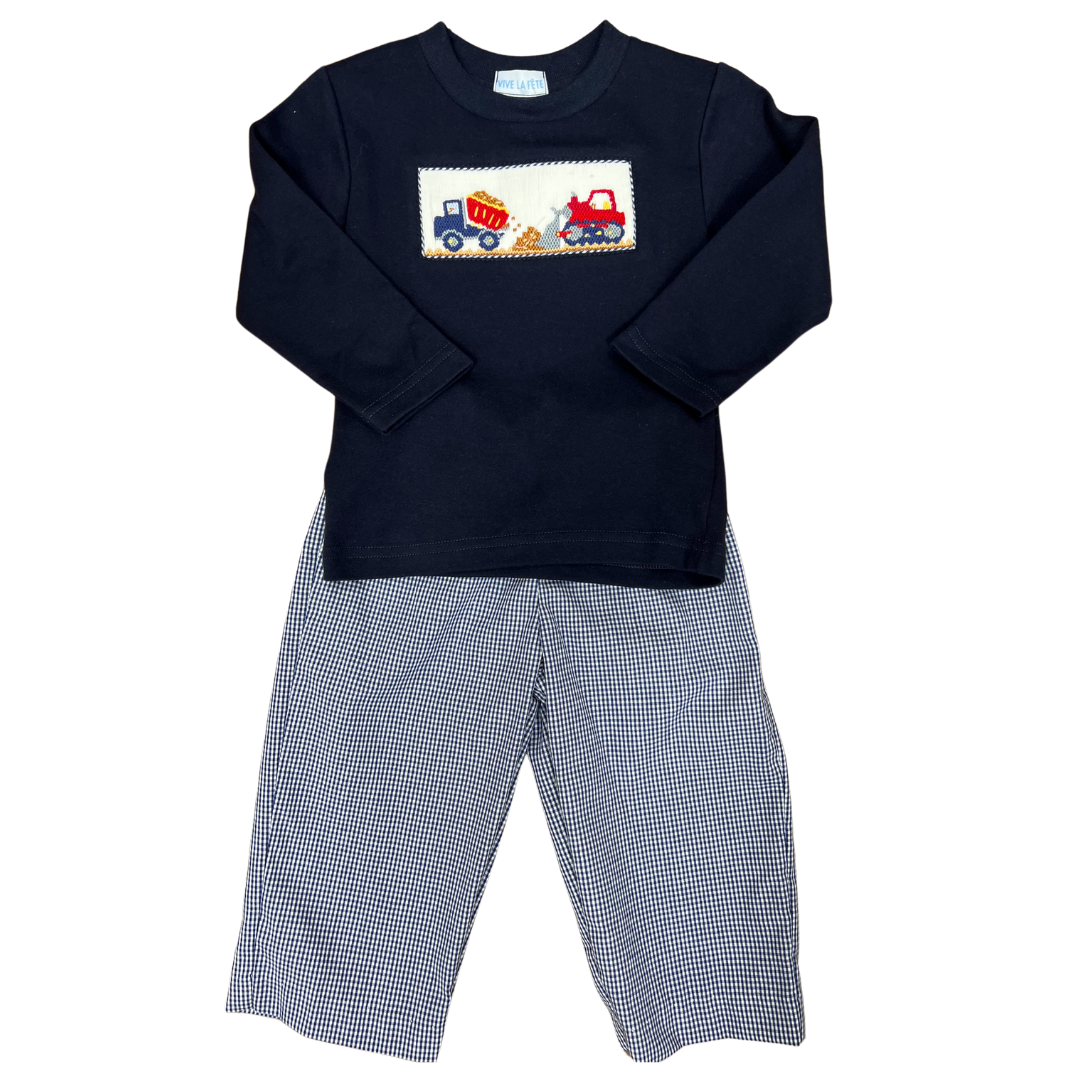 Construction Smocked Navy Gingham Set