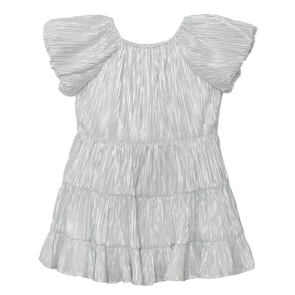 Flat lay of a silver pleated girl's dress with flutter sleeves and tiered ruffle layers, shown from the back.
