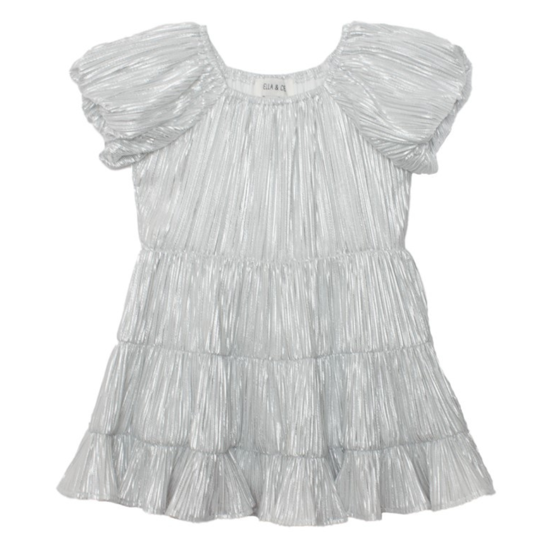 Flat lay of a silver sparkle pleated dress for girls, featuring flutter sleeves and a gathered tiered design.

