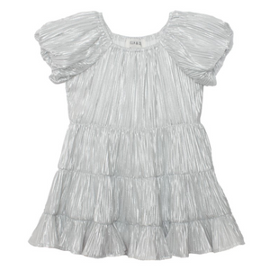 Flat lay of a silver sparkle pleated dress for girls, featuring flutter sleeves and a gathered tiered design.

