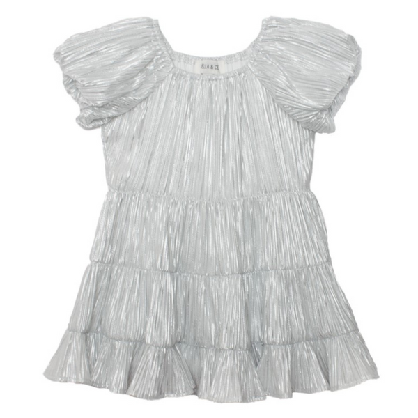 Flat lay of a silver sparkle pleated dress for girls, featuring flutter sleeves and a gathered tiered design.

