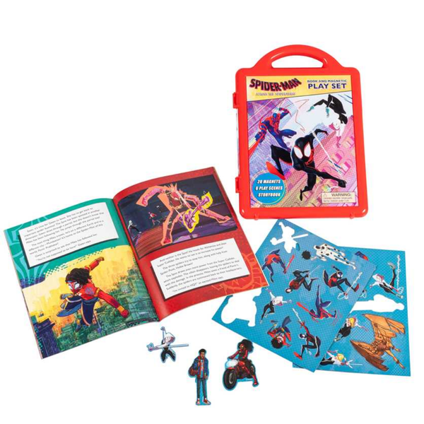 Spider-Man play set with books, figures, and stickers on a white background