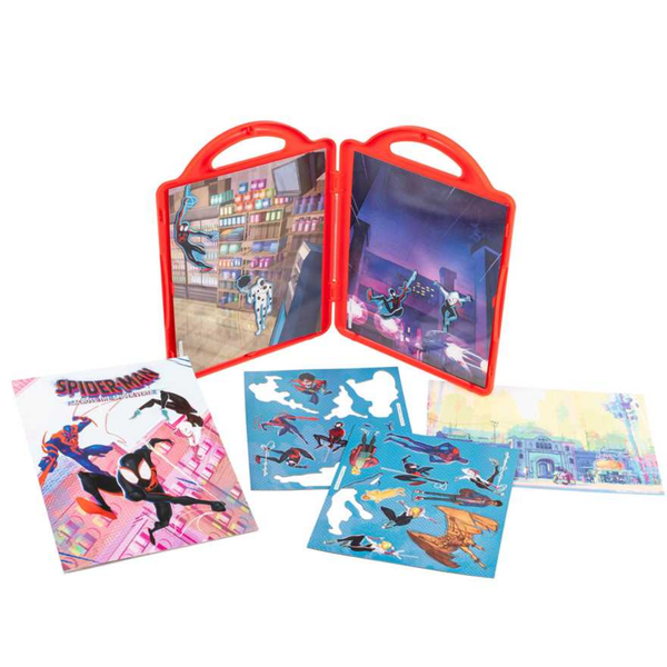 Spider-Man themed activity set with illustrations and a red carrying case on a white background